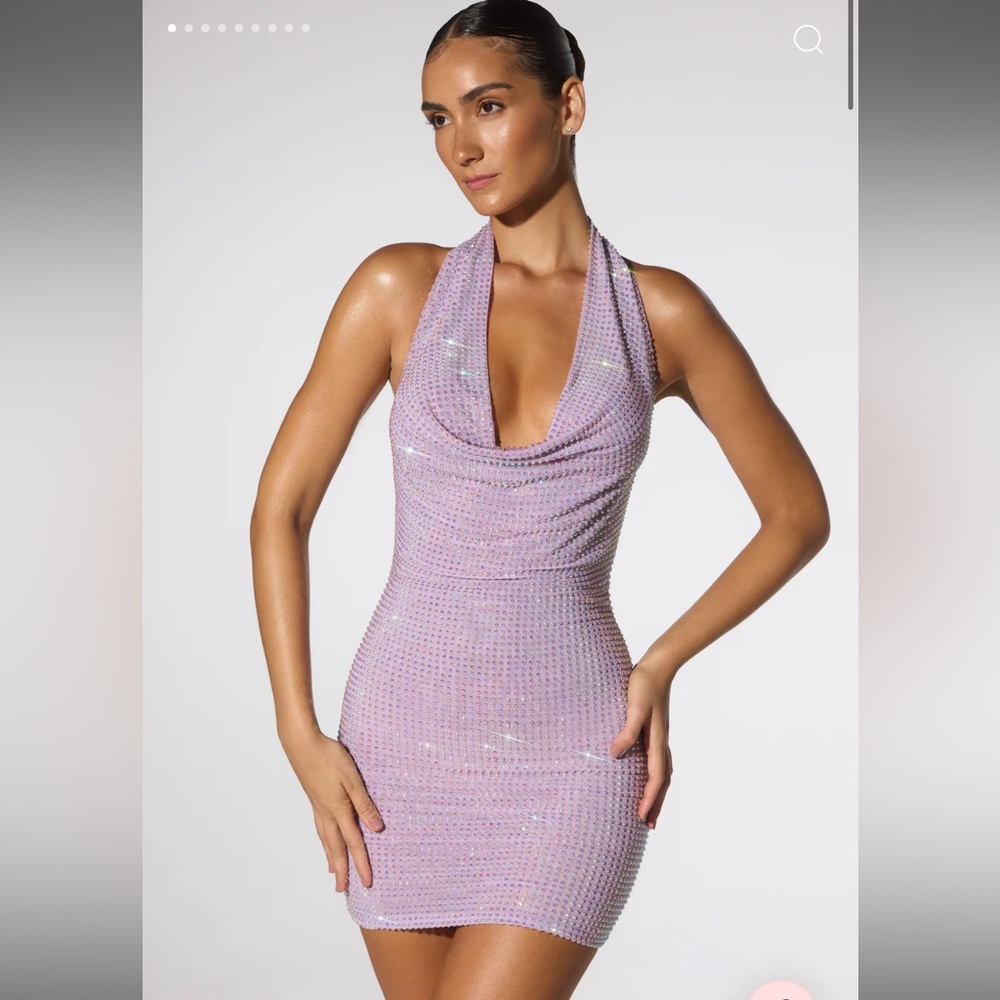 Oh polly RAQUEL Embellished Extreme Cowl Neck Halter Mini Dress in Lilac
